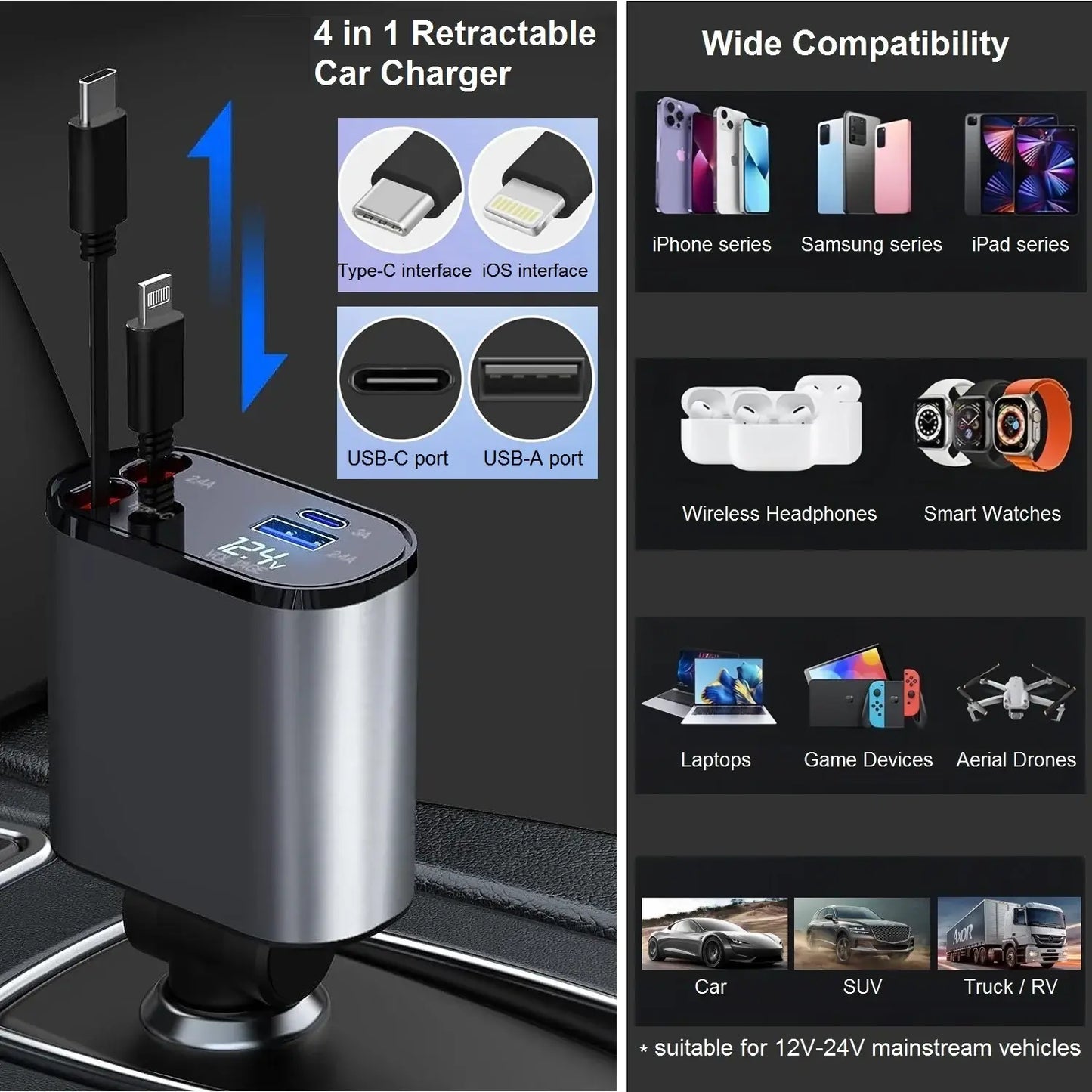 Retractable 4-in-1 Car Charger