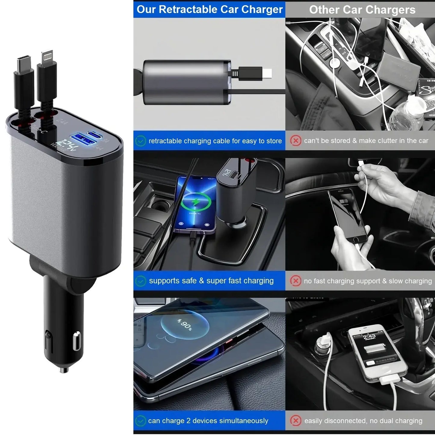 Retractable 4-in-1 Car Charger